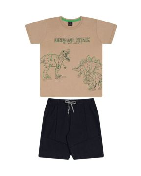 Conjunto Infantil Camiseta Dinosaur Attact e Bermuda Moletinho Menino Mundo Mania
